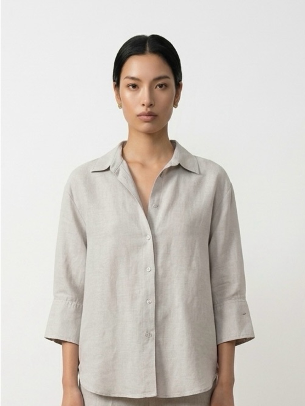 Relaxed Linen Blend Button-Front Shirt - Light Tan